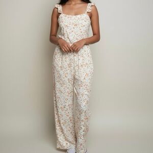 Floral Jumpsuit XL Cream Pink Orange Dainty Cotton Boho Retro Chic Cottagecore